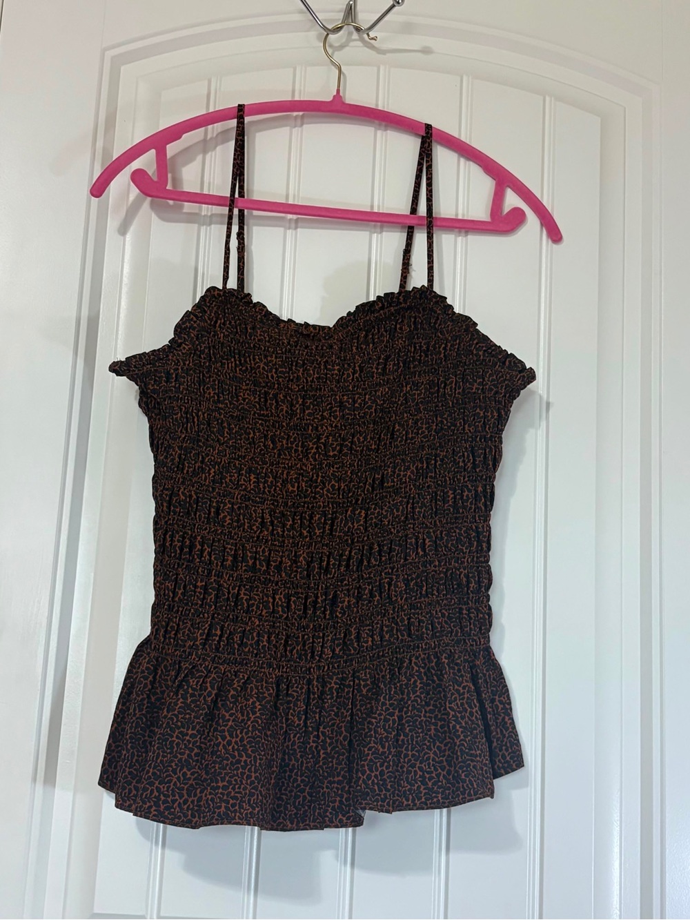 Smocked Ruffle-Hem Cami Top in Black with Brown Print